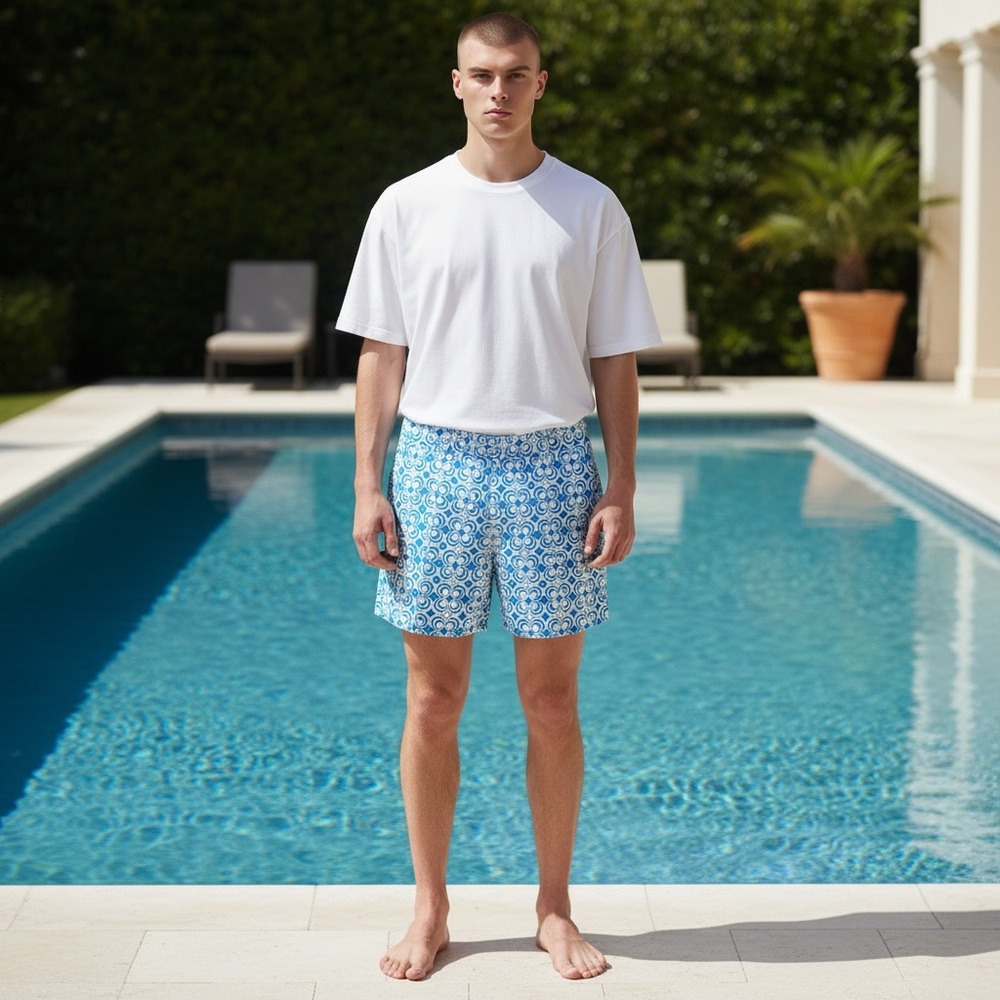 NWT W32 Mr. Turk Men’s Roger Short Blue Retro Mod Print Stretch Tailored Shorts